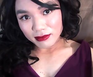 Auditioning ladyboy jerking her cock