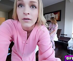 Teen bffs fuck with stepbro in slumber party